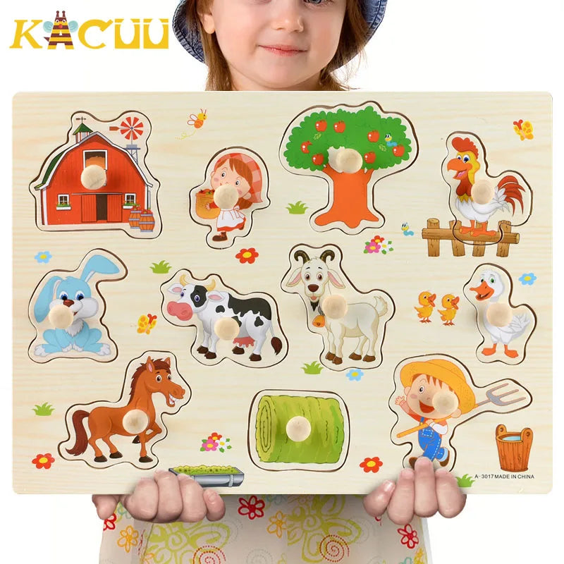 Montessori Wooden Puzzles Hand Grab Boards Toys Tangram Jigsaw Baby Educational Toys Cartoon Vehicle Animals Fruits 3D Puzzles