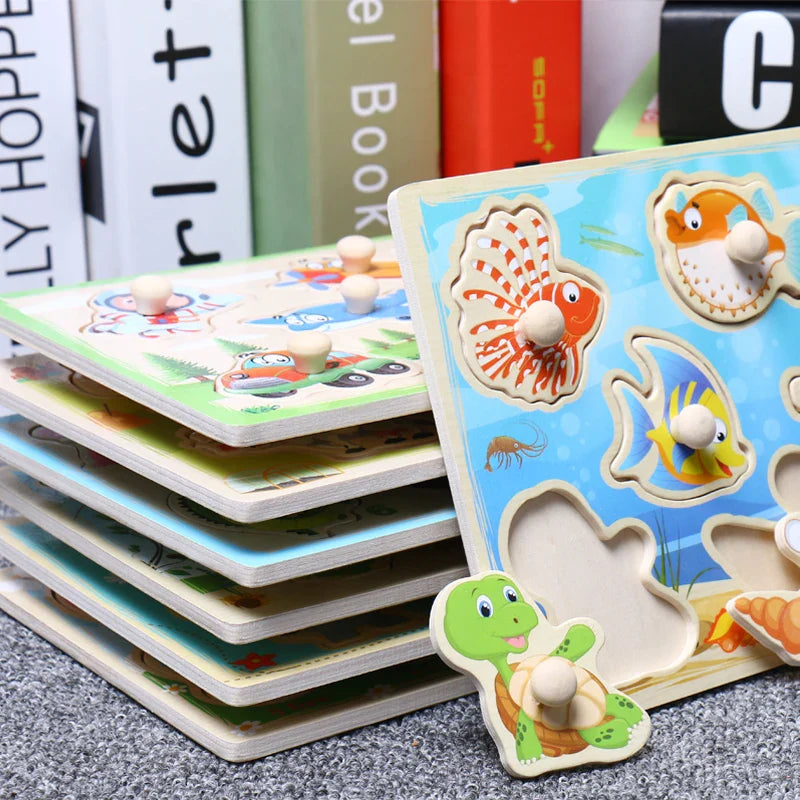 Baby Toys Montessori Wooden Puzzle Cartoon Vehicle Marine Animal Puzzle 12 Styles Board Set Educational Wooden Toy Child Gifts