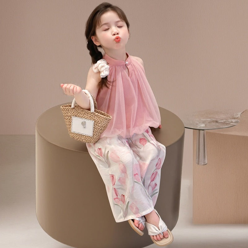 Korean Girls' Sleeveless Floral Wide-Leg Pants Set 2026 Summer New Stylish Two-Piece Set Trendy Children's Clothing Wholesale