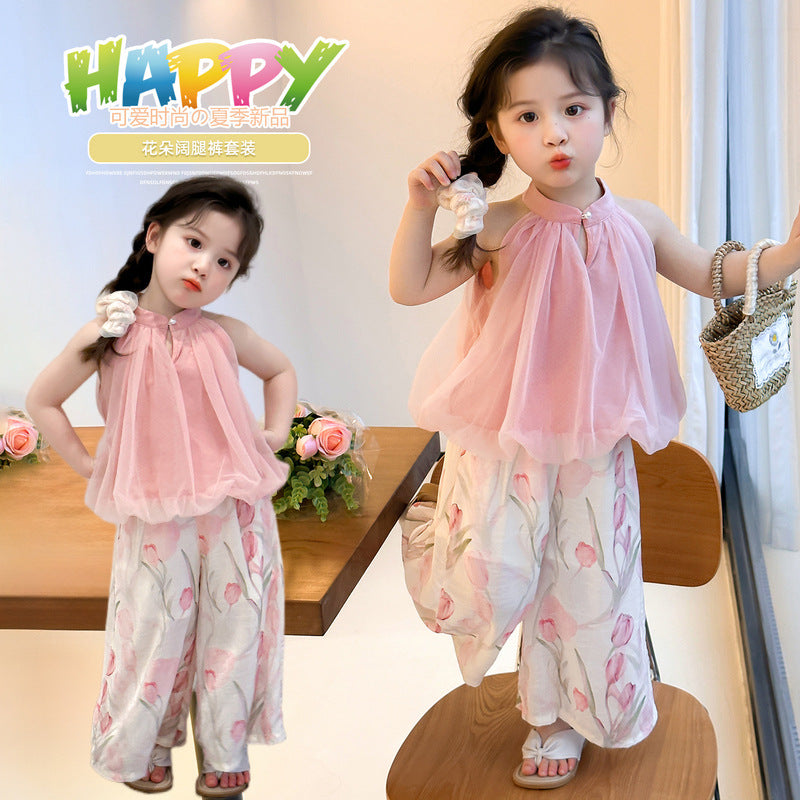 Korean Girls' Sleeveless Floral Wide-Leg Pants Set 2026 Summer New Stylish Two-Piece Set Trendy Children's Clothing Wholesale