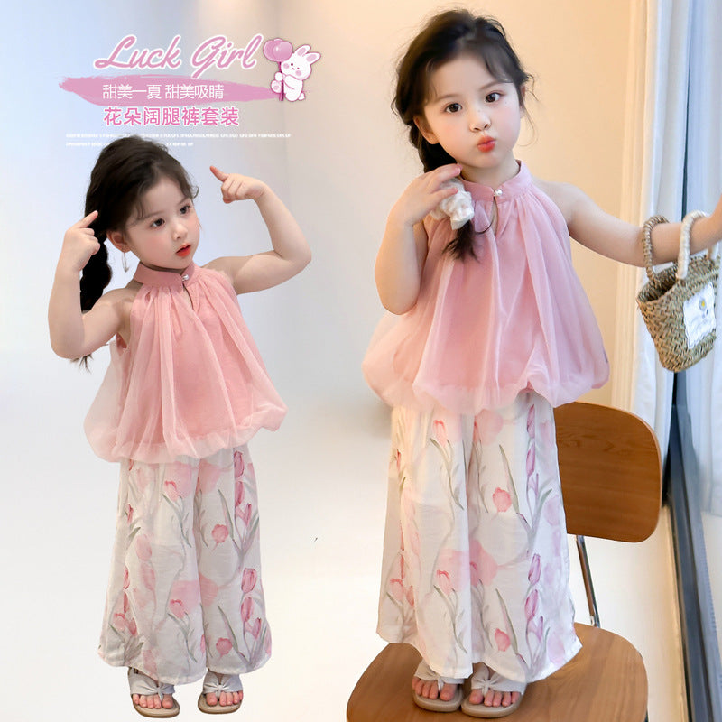Korean Girls' Sleeveless Floral Wide-Leg Pants Set 2026 Summer New Stylish Two-Piece Set Trendy Children's Clothing Wholesale