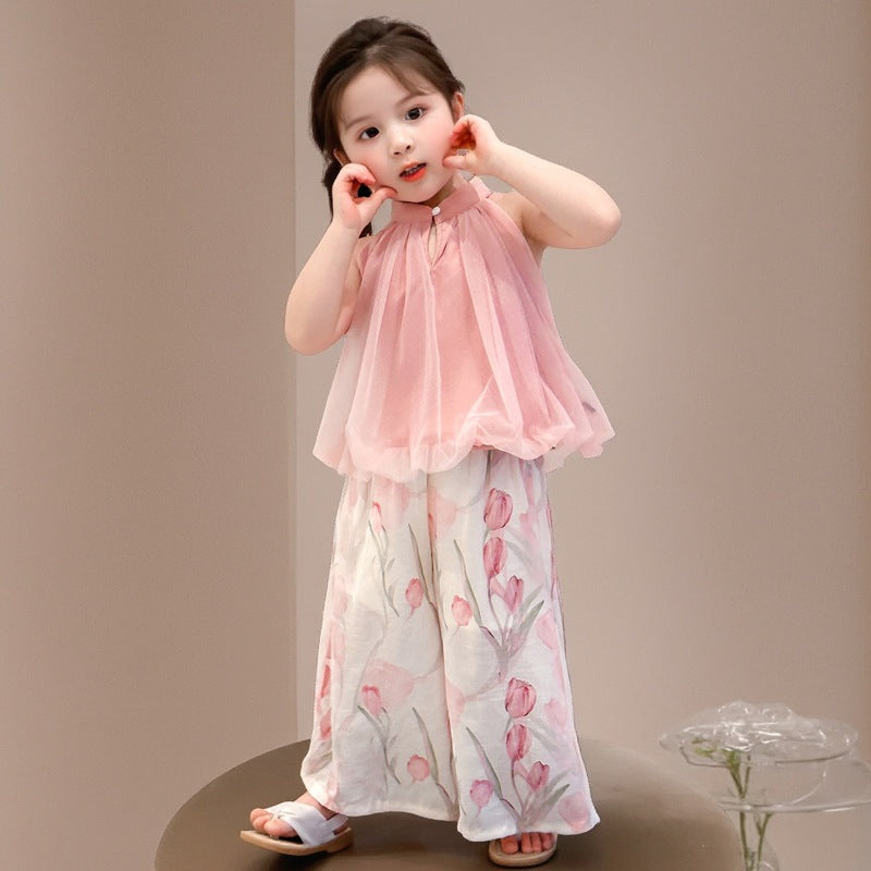 Korean Girls' Sleeveless Floral Wide-Leg Pants Set 2026 Summer New Stylish Two-Piece Set Trendy Children's Clothing Wholesale
