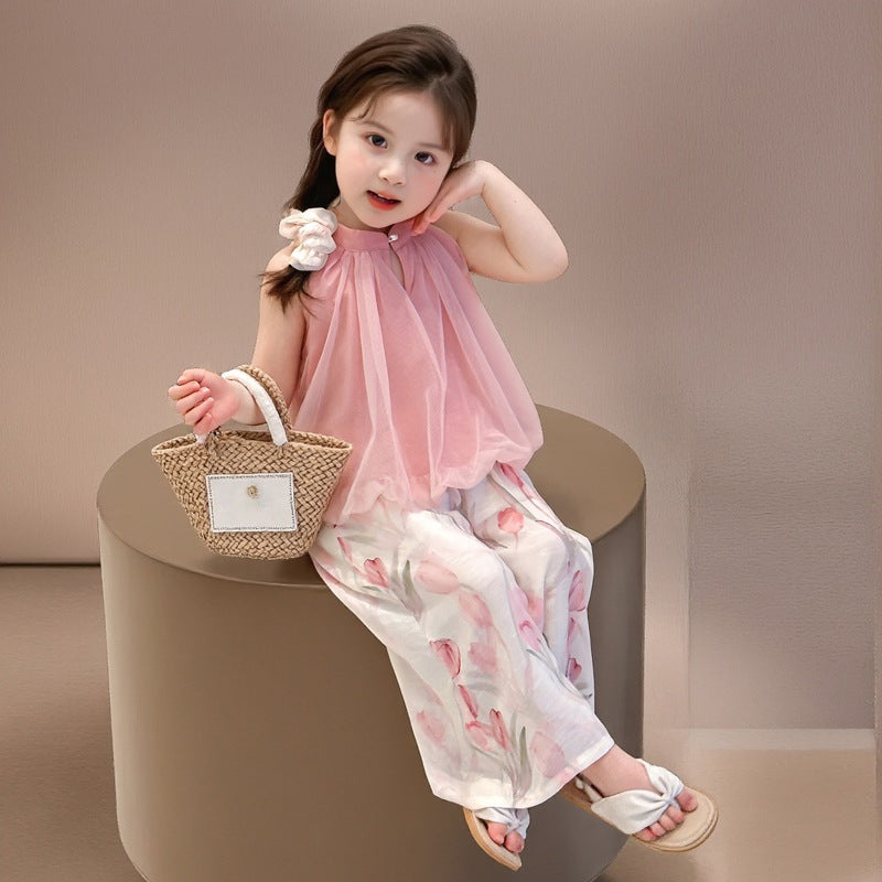 Korean Girls' Sleeveless Floral Wide-Leg Pants Set 2026 Summer New Stylish Two-Piece Set Trendy Children's Clothing Wholesale - Pink