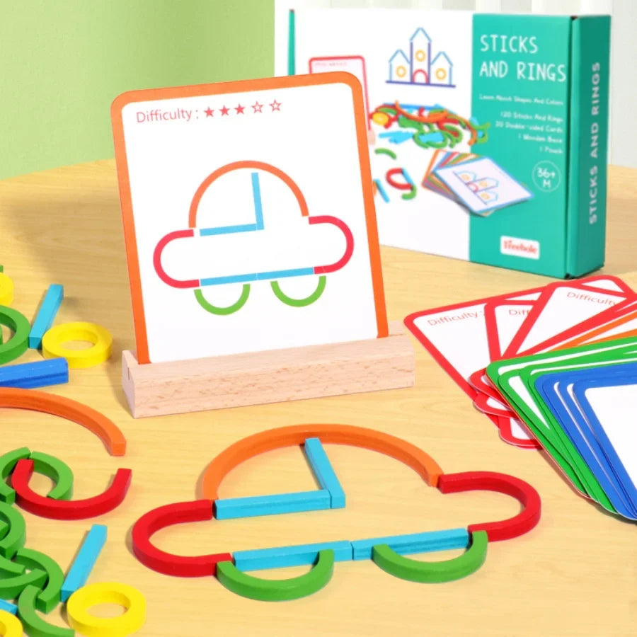 Wooden Creative Sticks And Rings Puzzle Intelligence Game Montessori Early Educational Toys Assembled Building Blocks DIY Gifts