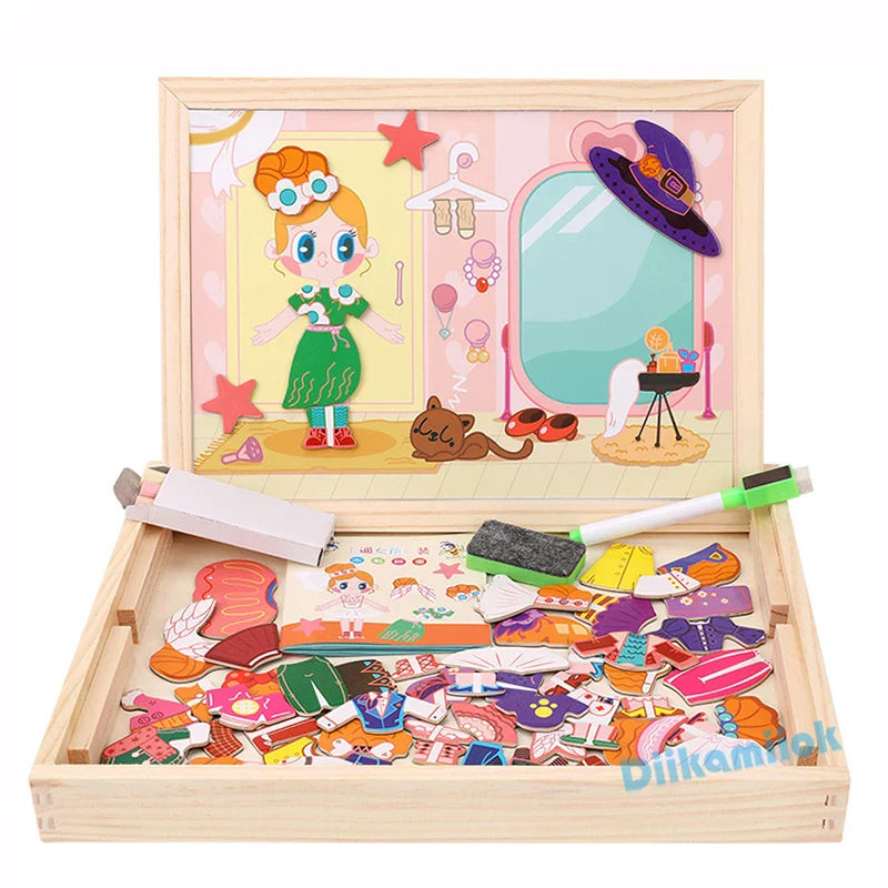 Magnetic 3D Puzzles for Kids Montessori Games Educational Toys for Children Blackboard Whiteboard Drawing Wooden Jigsaw Puzzle
