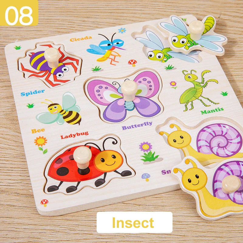 Wooden Puzzle Montessori Toys for Kids Cartoon Animal Traffic Hand Grab Boards Early Learning Educational Toys for Children