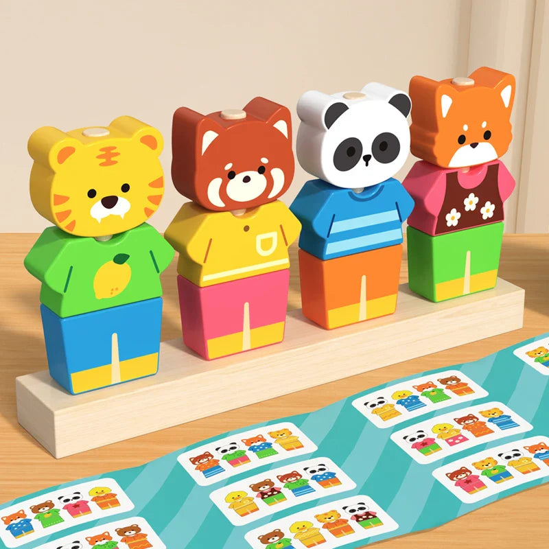 Wooden Children's Animal Changing Clothes Column Pattern Matching Color Recognition Fine Motor Training Game Educational Toys