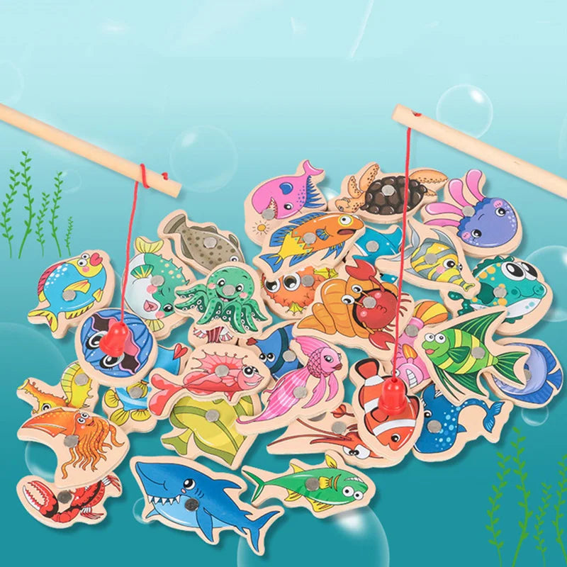 Magnetic Fishing Toys Game Set for Kids Montessori Wooden Cartoon Fishing Rod Educational Toys Birthday Party Toddle Gifts