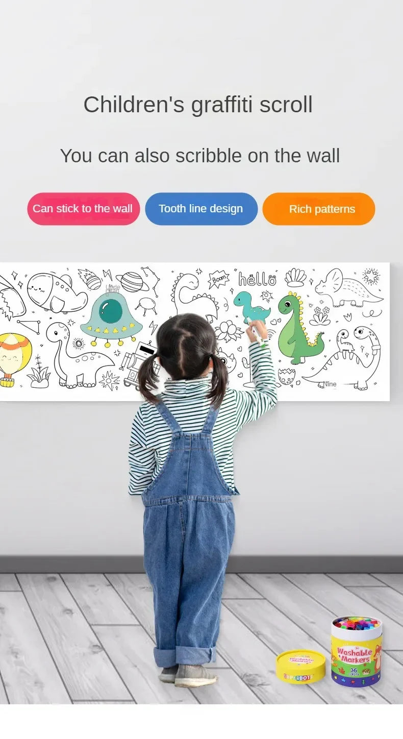 Kids Coloring Paper Roll Sticky DIY Drawing Graffiti Art Color Filling Educational Toys for Children Wall Floor Painting Gifts