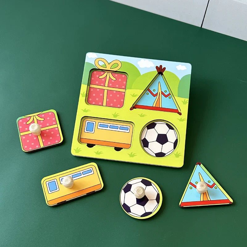 Baby Toys Montessori Wooden Puzzles Hand Grab Boards Toys Kids Early Learning Educational Cartoon Animal Fruit Vehicle Cognitive