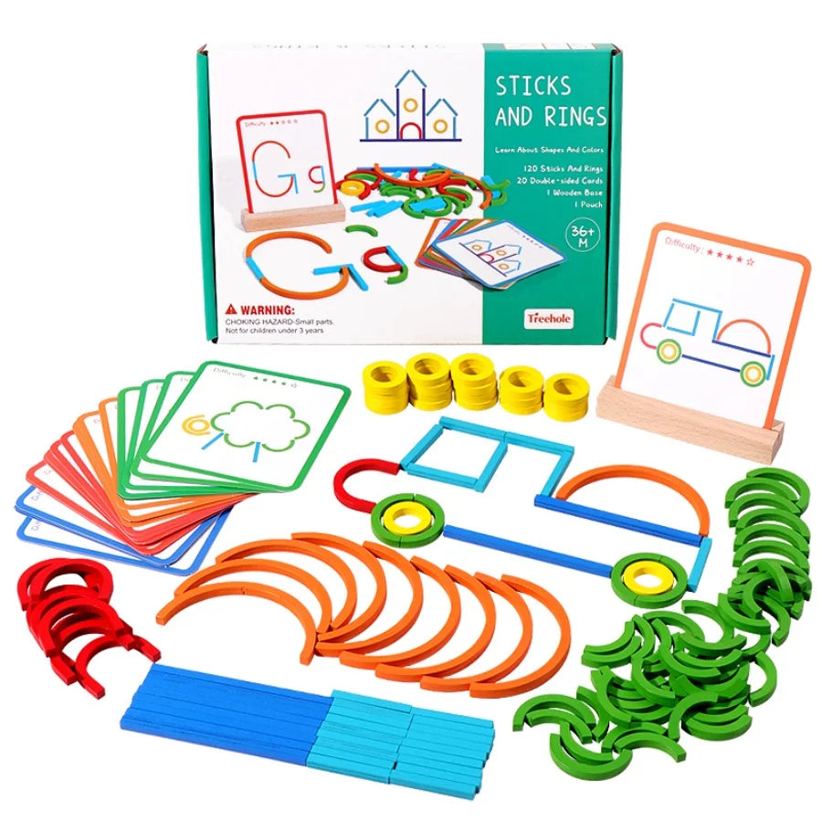 Wooden Creative Sticks And Rings Puzzle Intelligence Game Montessori Early Educational Toys Assembled Building Blocks DIY Gifts