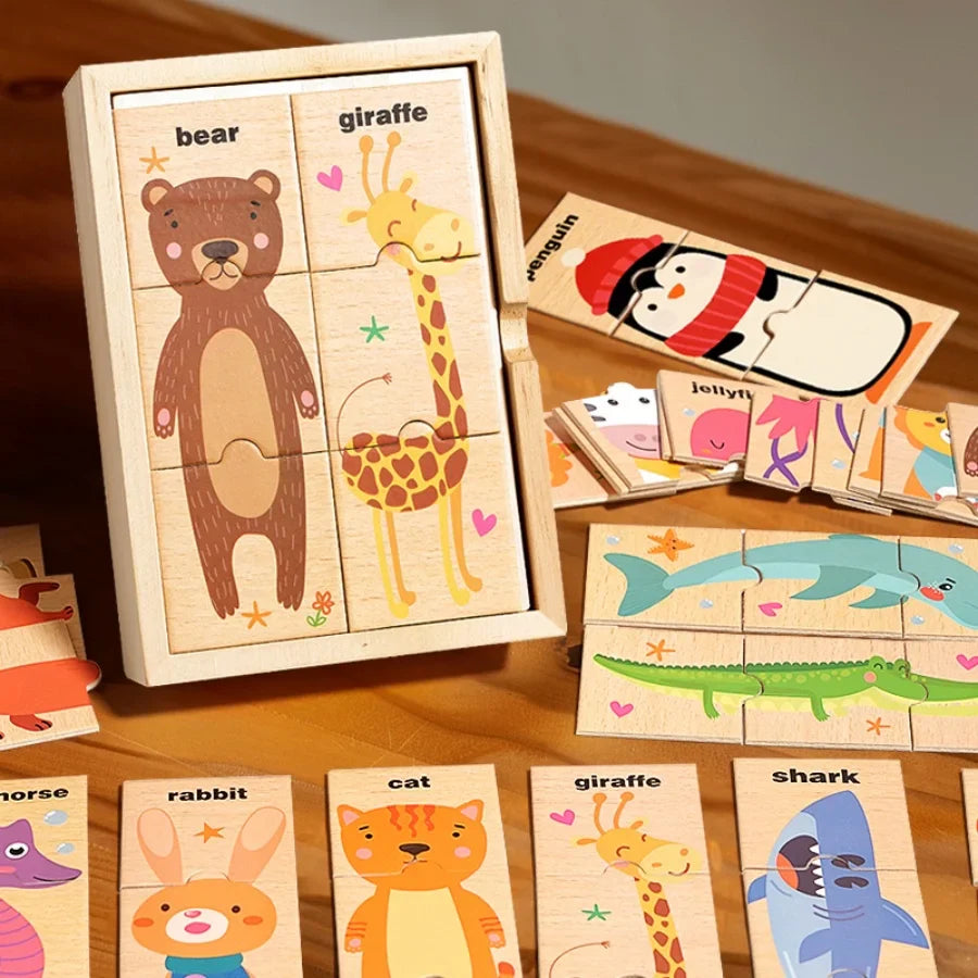 Children's puzzle cartoon animal shape matching puzzle, baby early education English word cognition puzzle board, wooden toy