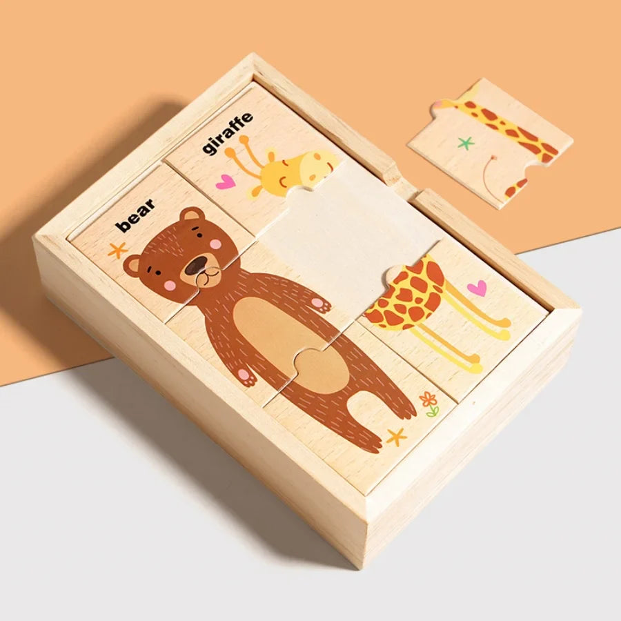 Children's puzzle cartoon animal shape matching puzzle, baby early education English word cognition puzzle board, wooden toy