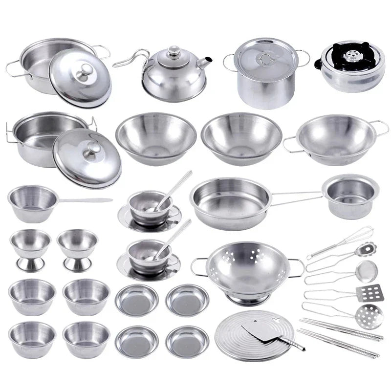 Stainless Steel Action Figures Kids Kitchen Toys Cooking Cookware Children Kitchen Tableware Pretend Role Play Toy for Kids